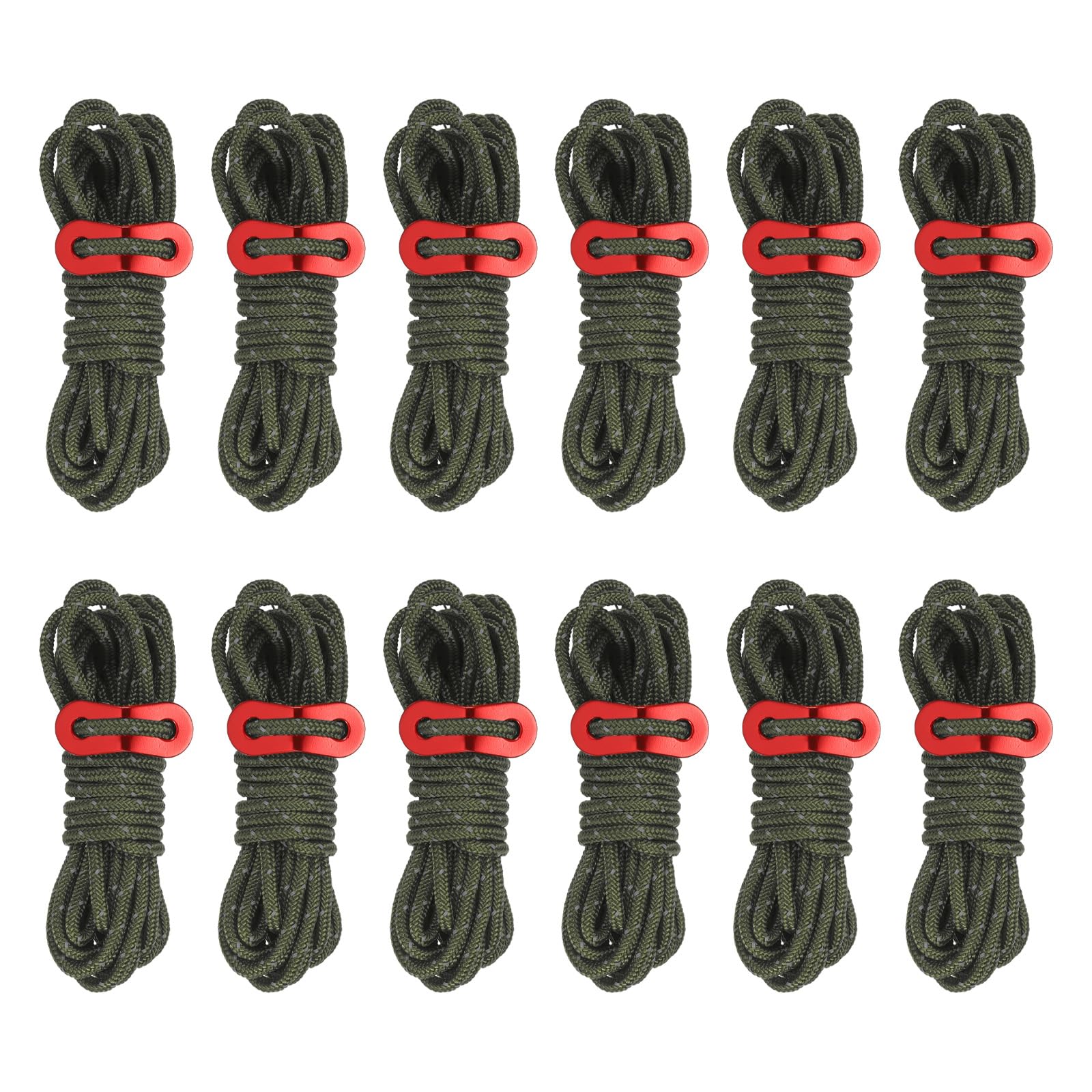 PATIKIL 4mm Olive Green Tent Rope, 12 Pack 13ft Reflective Guyline Cord with Aluminum Cord Adjusters for Camping Hiking Tent, Canopy, Awning Covers, Rain Tarp, Tarpaulin