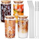 Mkhaslri 4Pcs Christmas Glass Cups with Lids and Straws,16oz Iced Coffee Cups with Lids Christmas Beer Drinking Glasses,Clear Xmas Coffee Bar Accessories Gifts Home Decorations