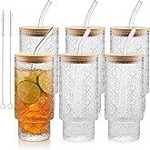 Elitrivox Vintage Glass Cups With Bamboo Lids And Straws 16 Oz,Vintage Tumbler Embossed Floral Glass Cups Set For Whiskey Cocktail, Beer, Iced Coffee Cups, 6pack