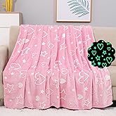 Cloele Glow in The Dark Heart Stars Blanket,Pink Throw Blanket Birthday Gifts for 2 3 4 5 6 7 8 9 10Year Old Kids Girls - Heart Flannel Throw Blanket Glowing Luminous Birthday Valentines Gifts,50"x60"