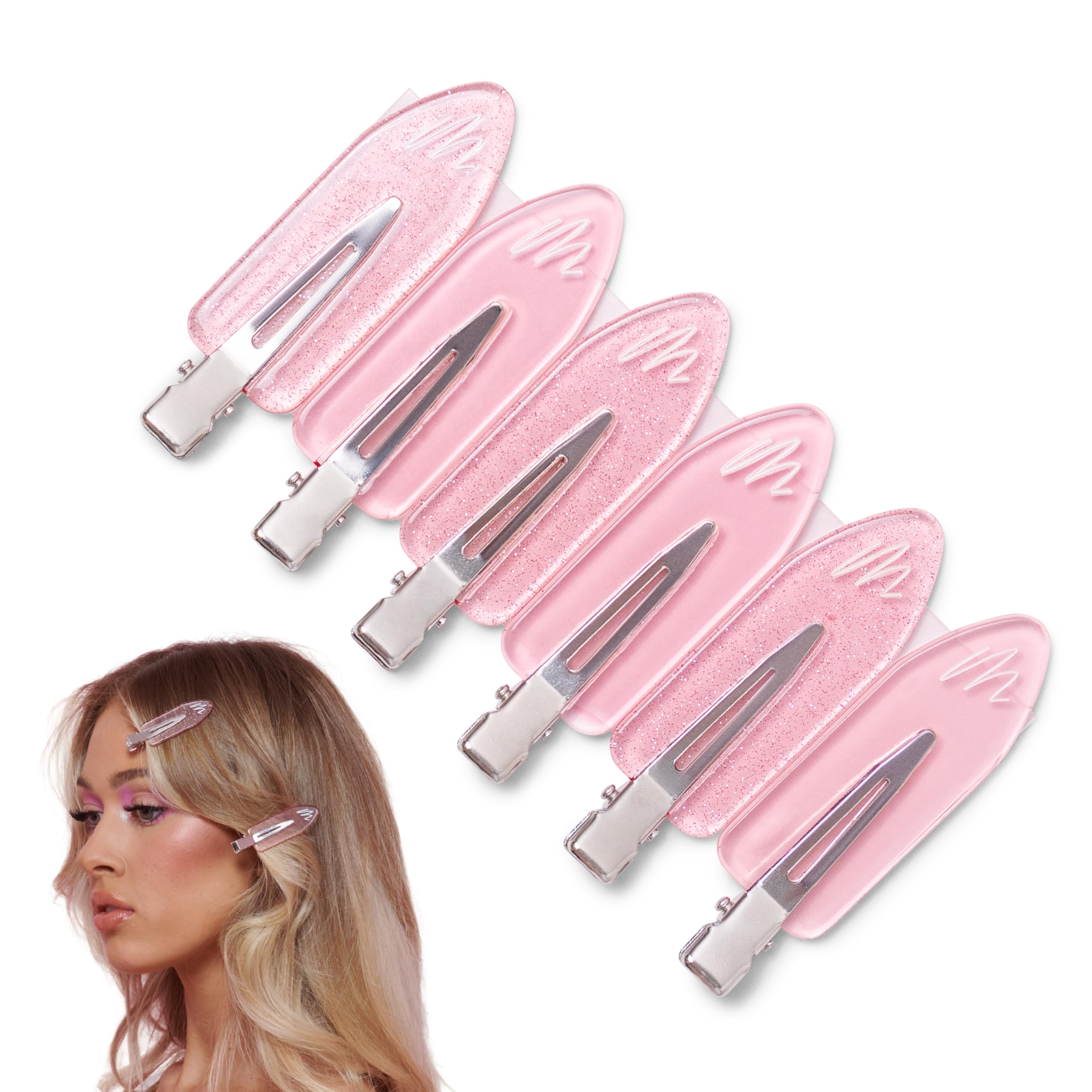 Mermade Hair No Crease Clips Pink - 6-Pack Crease-Free Hair Clips for Makeup, Styling & Sectioning - Strong Hold, Snag-Free Cellulose Acetate with Glitter & Glossy Finish - Cute On-Trend Accessory