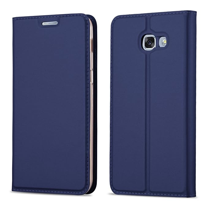 Cadorabo Hülle für Samsung Galaxy A3 2017 (7) - Hülle in DUNKEL BLAU – Handyhülle mit Standfunktion und Kartenfach im Metalli