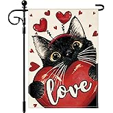 Artscope Valentines Day Black Cat Love Heart Garden Flag 12x18 Inch Double Sided for Outside, Anniversary Valentines Red Heart Flag for Holiday Yard Outdoor Decoration