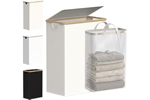 efluky Slim Laundry Basket with Lid, Narrow Laundry Hamper with Removable Bag, Skinny Dirty Clothes Basket with Bamboo Handle