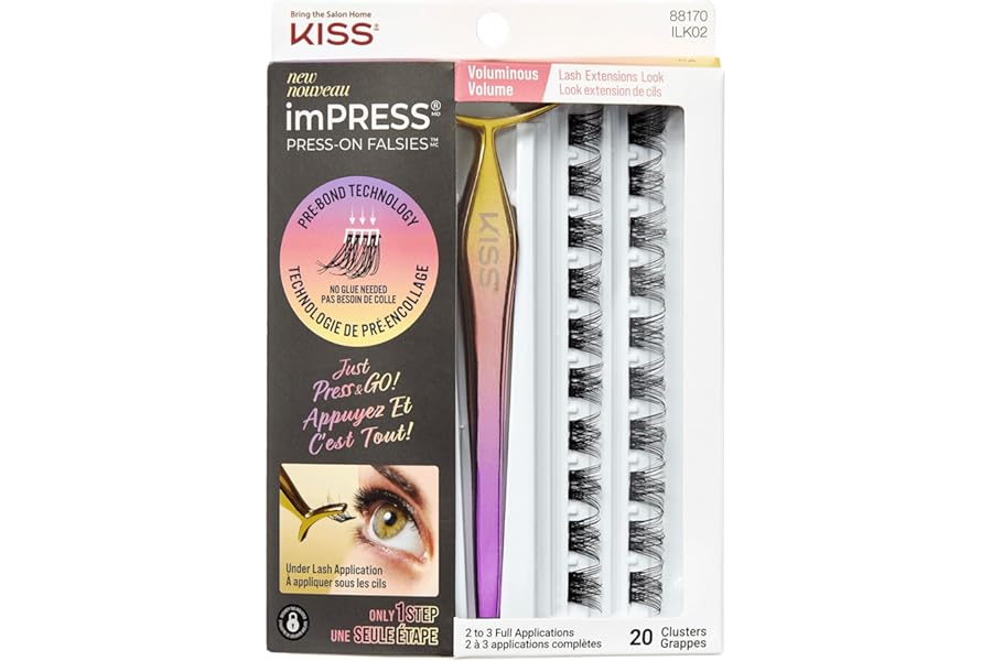 KISS imPRESS Falsies Self Adhesive Eyelashes, Press On Lashes, 12mm-14mm Glam Volume Lashes, Black, No Glue Needed, Invisible Band, 36 Lash Clusters & Non-Stick Applicator – Voluminous