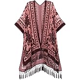 WeHello Women's Burnout Velvet Kimono Long Cardigan Cover Up With Tassel