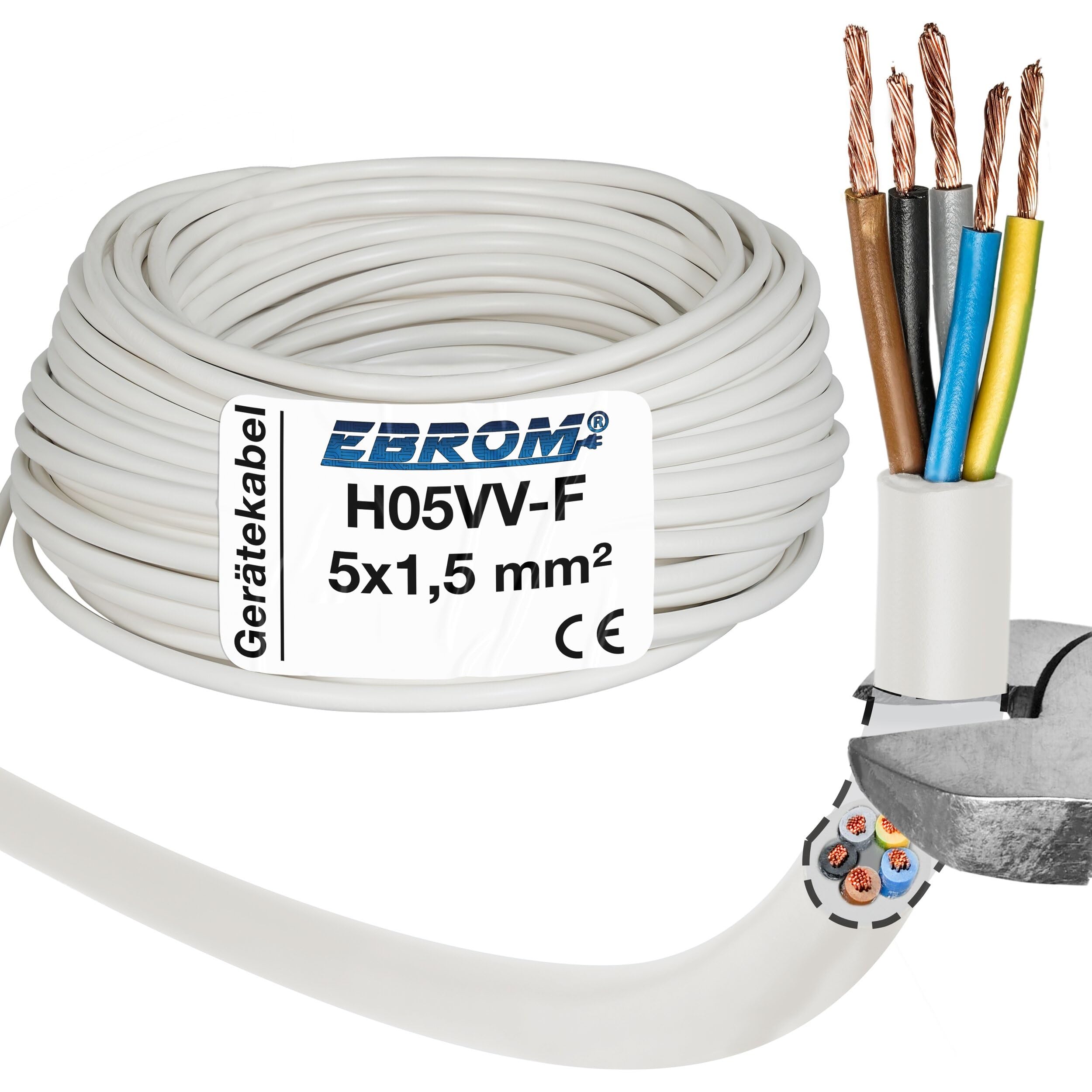 EBROM Hose Line H05VV-F 5G 1.5 mm² - 5 x 1.5 mm² - White - 10 m, 25 m, 50 m or 100 m
