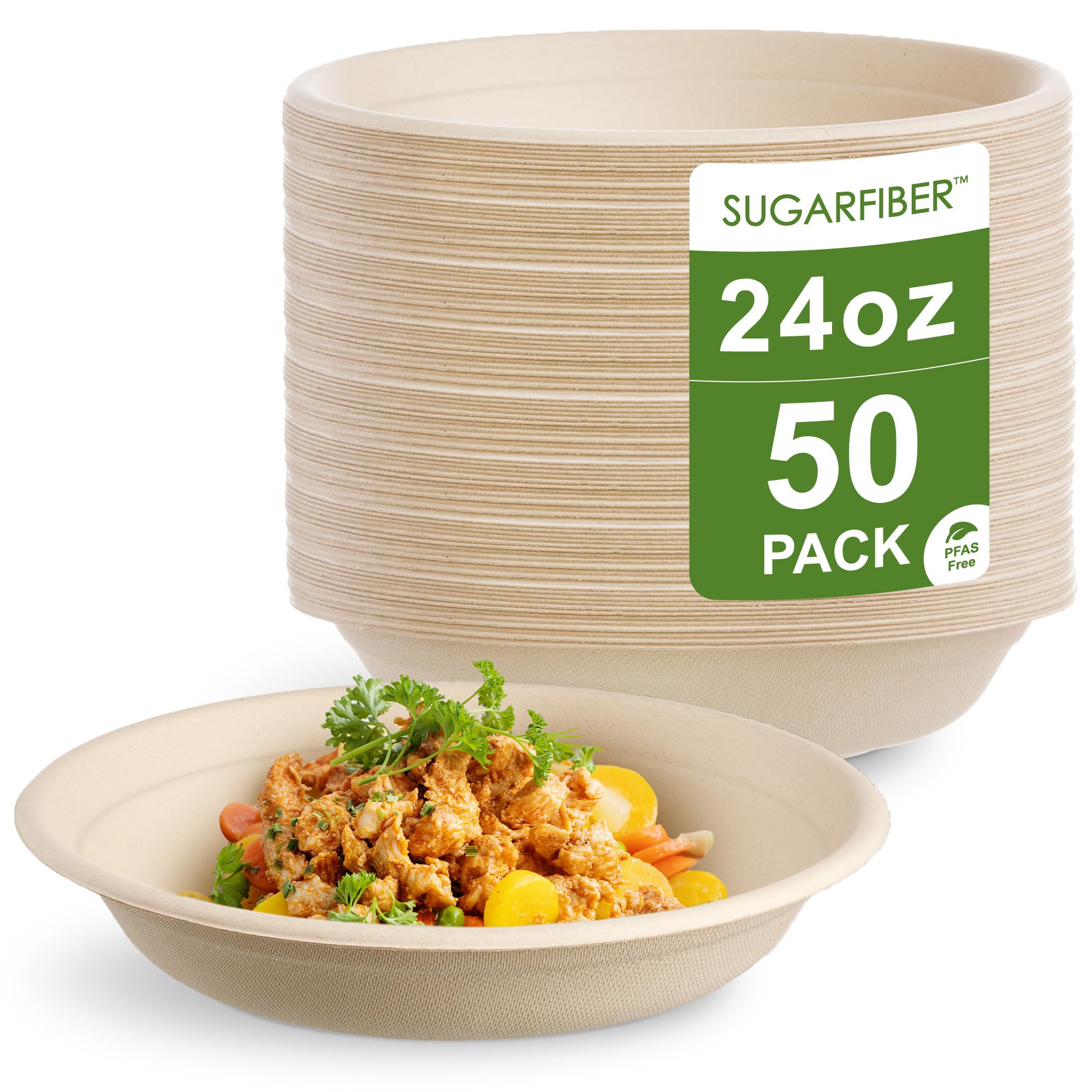 Photo 1 of [50 COUNT]Sugarfiber by Harvest Pack PFAS FREE 24oz Round Paper Bowls - Compostable Heavy-Duty Eco-Friendly Disposable Bagasse Bowl sugarcane made plant fibers for Meal Prep