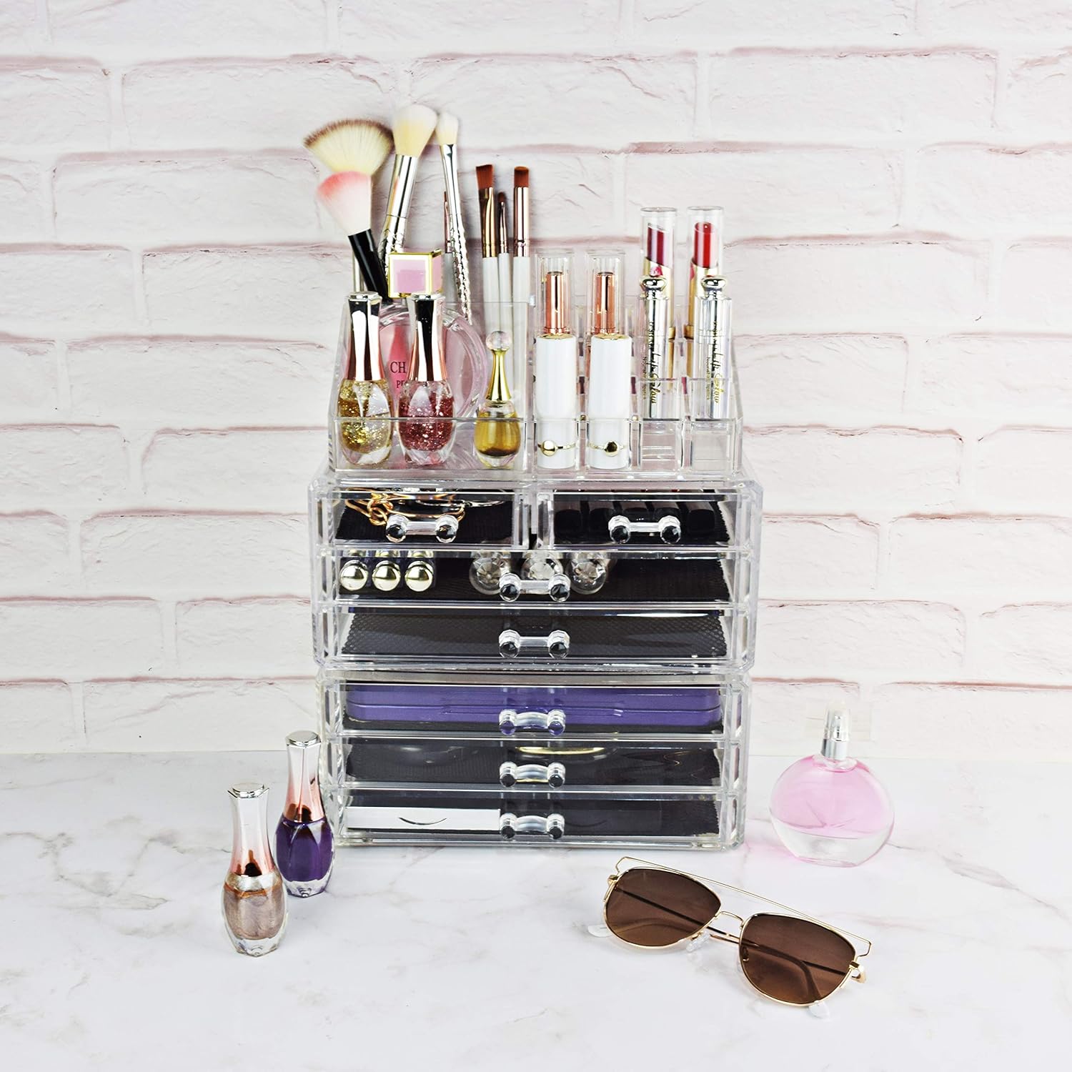 Ikee Design Cosmetics Makeup and Jewelry Storage Case Display for Lipstick, Nail Polish, and Makeup Brushes, Cosmetic Jewelry Organizer Makeup Holder, Cosmetic Organizer for Vanity, Clear: Home & Kitchen