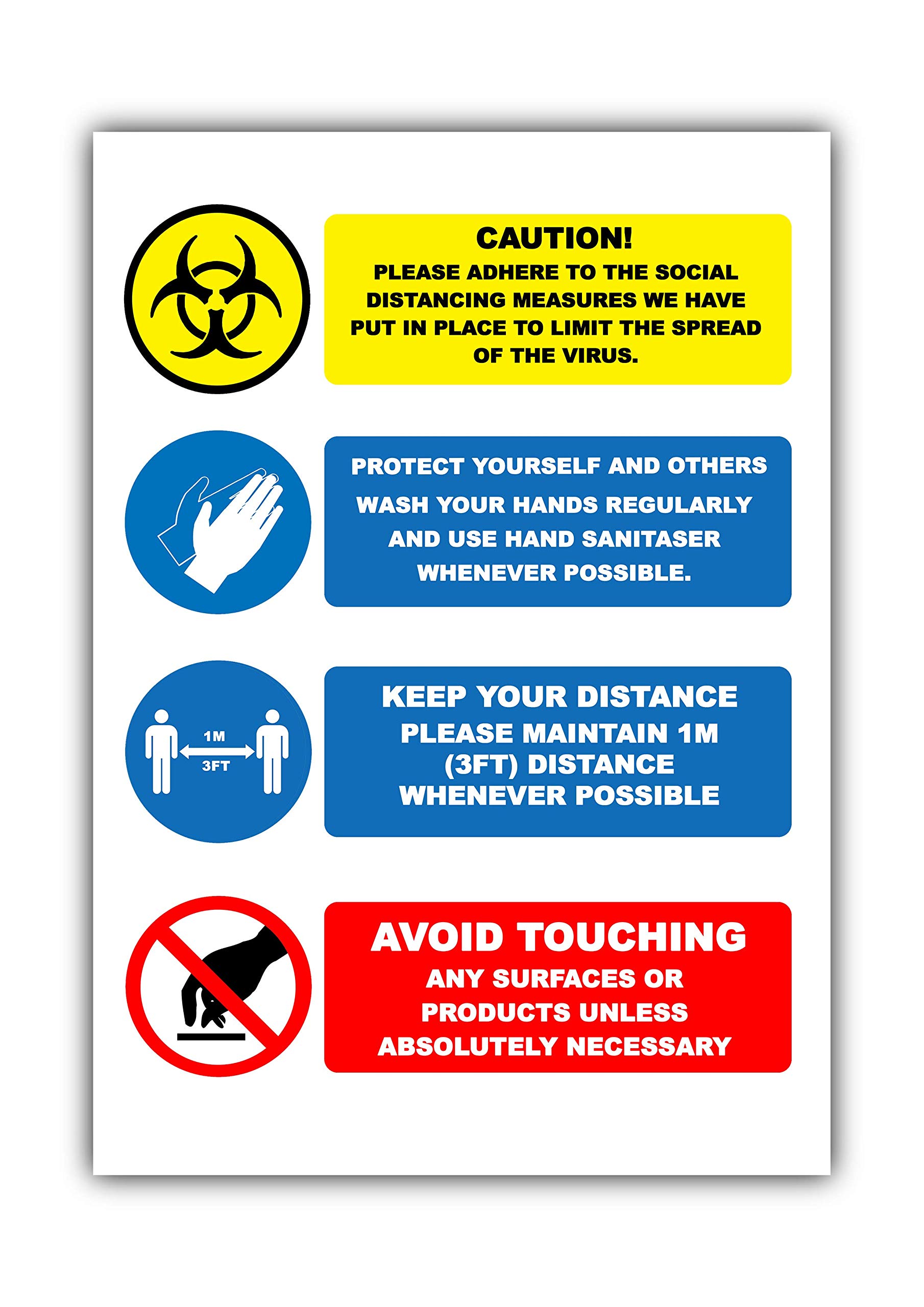 4 x social distancing instructions (1m) - social distancing vertical safety sign self adhesive vinyl weather proof label sticker - 200mm x 300mm - (SM-09)