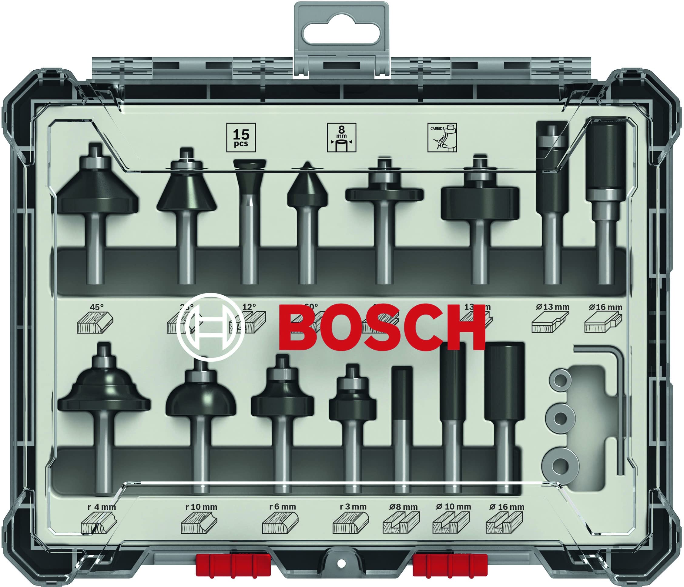 Bosch Accessories 15 Pièces Kit De Fraises Mixtes (pour Bois, Ø 8 Mm Queue, Accessoires pour Défonceuses Portatives, Affleureuses)