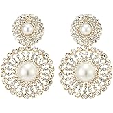 Wedding Rhinestone Synthetic Pearl Cluster Large Circle Flowers Long Drop Statement Earrings Elegant