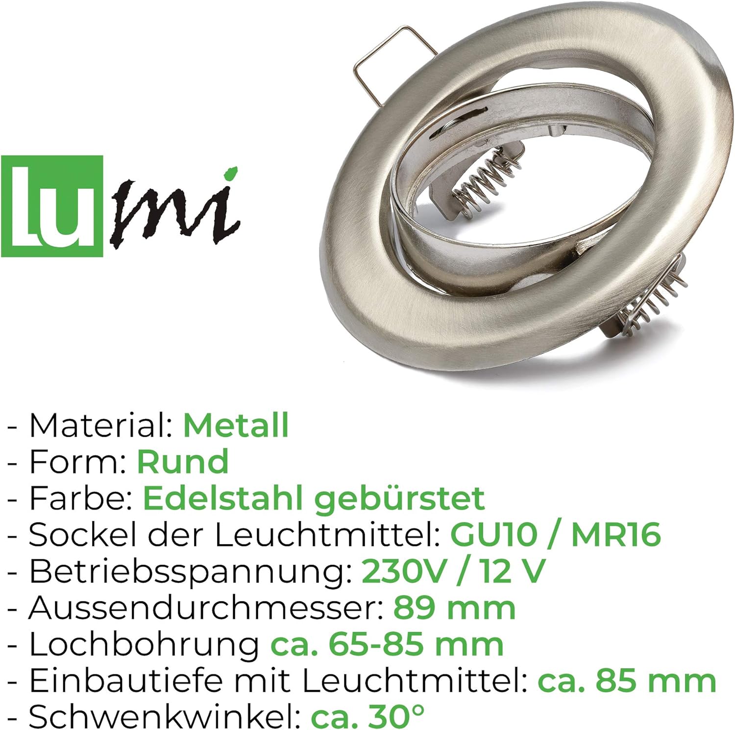 12 x Lu-Mi Flush-Mounted Spotlight, Brushed Stainless Steel incl. GU10 Socket, Tilt Function - Image 5