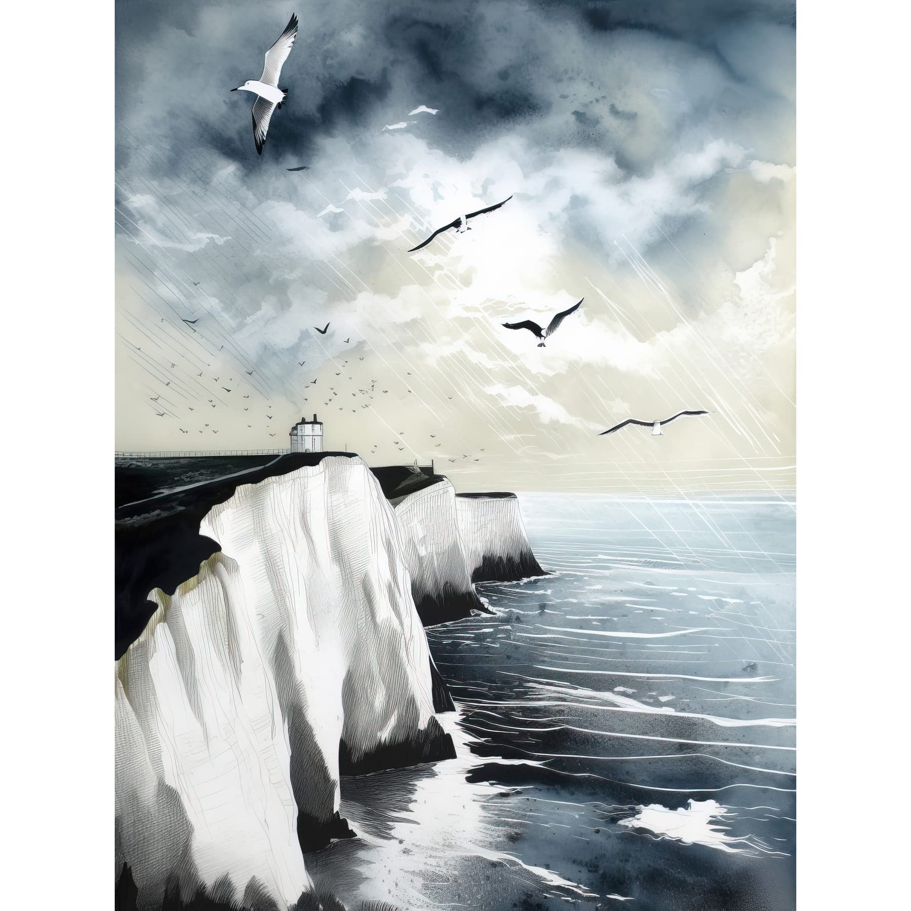 Artery8 Seagulls Flying Over the White Cliffs of Dover in England Modern Linocut Print Unframed Wall Art Print Poster Home Decor Premium