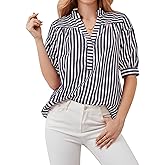 Ymejia Womens Short Puff Sleeve Striped Blouses Top V Neck Loose Fit Casual Summer Work Blouses Striped Shirt