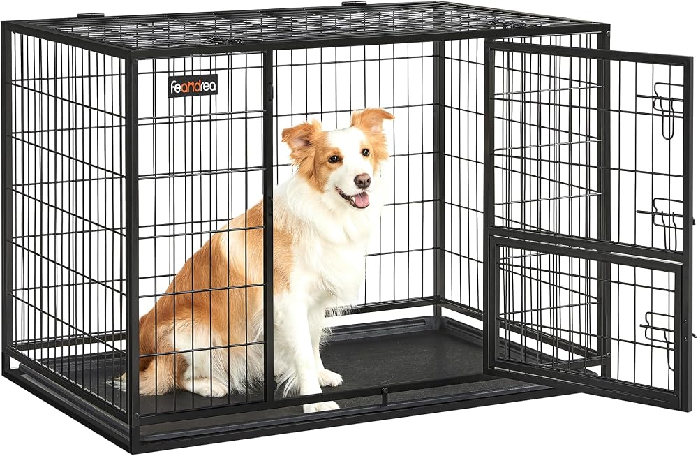 Feandrea Heavy-Duty Dog Crate 107 x 70 x 74.9 cm Double Doors Black PPD001B01