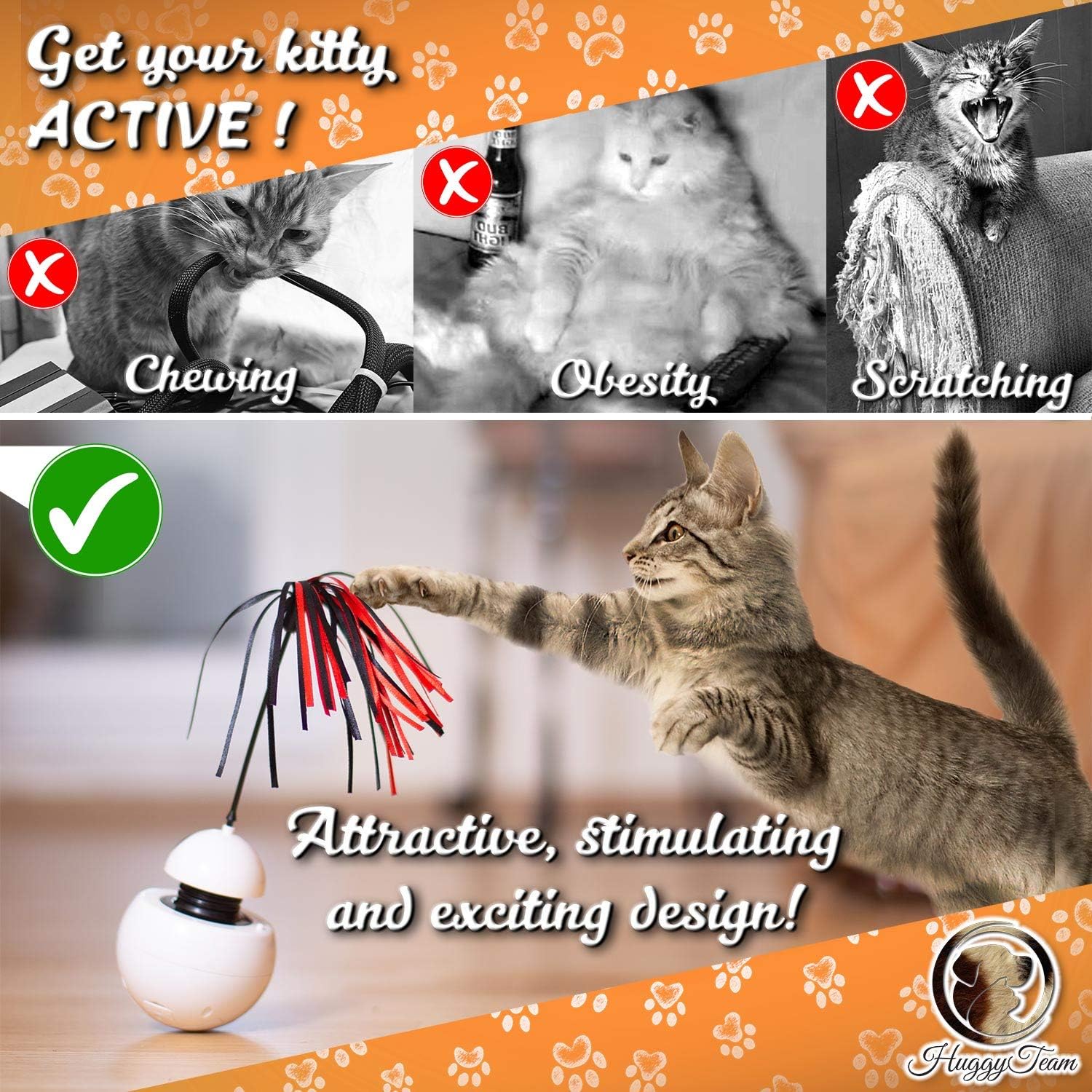 HuggyTeam Smart Interactive Cat Toy - Light Pointer for Cats, 360 Degree Self Rotating Ball, Sound, Accessory Replaceable. Free- Fish Toy. Every Detail Stimulate Hunting Instinct for Your Cats. : Pet Supplies