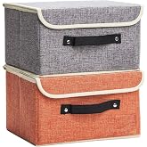 Small Storage Boxes with Lids 2 Pack Linen Collapsible Cube Storage Basket with Handle &amp; Label, Jane's Home Foldable Fabric Storage bins for Shelf &amp; Closet to storage Clothes &amp; Toys