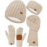 Women Winter Beanie Hat Scarf Gloves Headband Set, Fleece Lined Hat Ear Warmer Knit Long Scarf Touchscreen Gloves 4 Gift Set