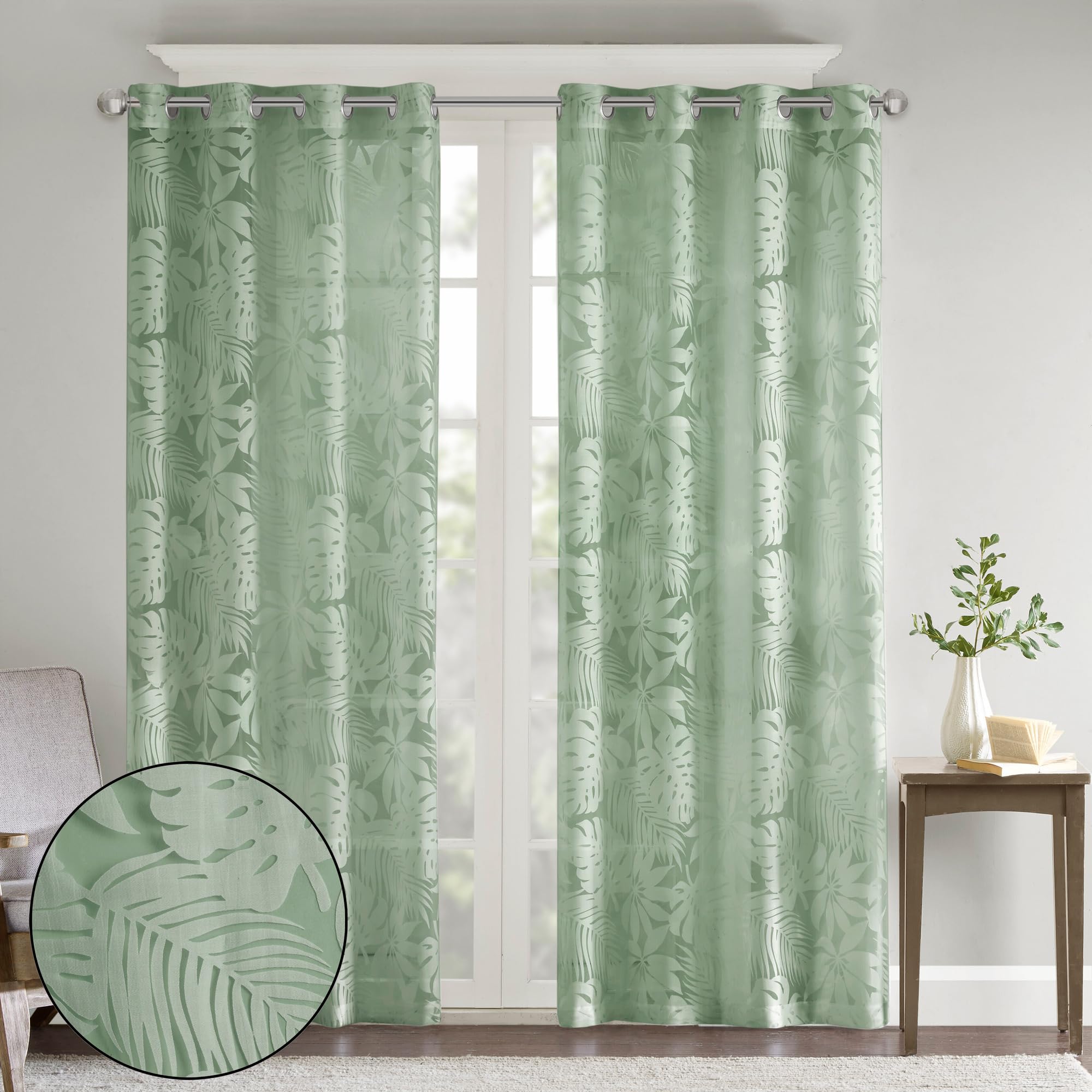 Madison Park 1 Panel Sheer Curtain for Living Room Window, Palm Leaf Burnout Lightweight Bedroom Curtains, Window Shades for Home with Grommet Top, Machine Washable, Leilani, 50x95 Green 1 Piece Image