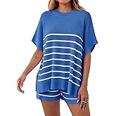 Fisoew Women's Striped 2 Piece Outfits Oversized Batwing Short Sleeve Tops High Waisted Shorts Summer Knit Lounge Short Sets