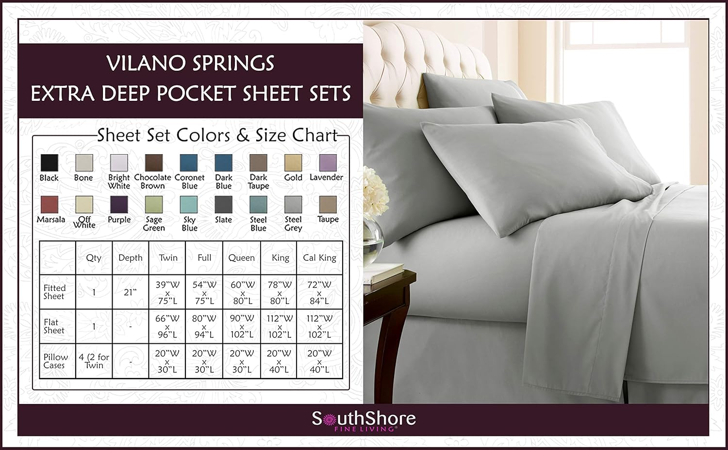 Southshore Fine Linens Extra Deep Pocket Sheet Set, Queen, 6 Piece, Steel Gray: Home & Kitchen