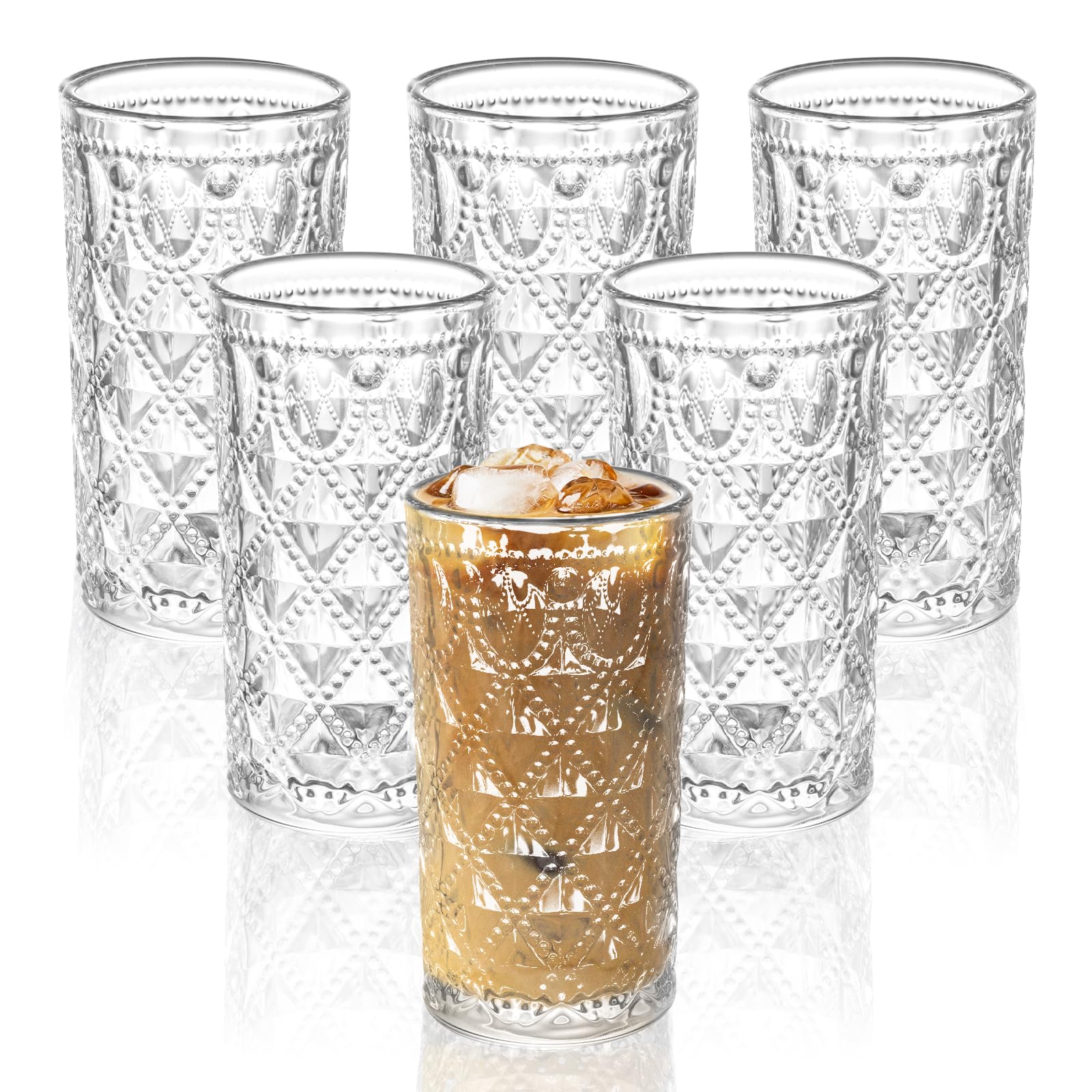 Photo 1 of DUBLEYONG Vintage Diamond-Pattern Drinking Glasses Set of 6 – 14 oz Clear Highball Glass Cups – Embossed Retro Glassware for Water, Cocktails, Juice, Milk – Durable Thick Glass, Dishwasher Safe