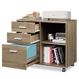 DEVAISE 3 Drawer Mobile File Cabinet, Wood Lateral Filing Cabinet, Printer Stand with Open Shelves for Home Office, Gray Oak