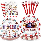 96Pcs Carnival 4th Birthday Party Decorations Christmas Carnival Circus Fourth Birthday Plates and Napkins Tableware Sets Circus Theme Decoration for Kids Baby Shower Four Years Old Supplies Serves 24
