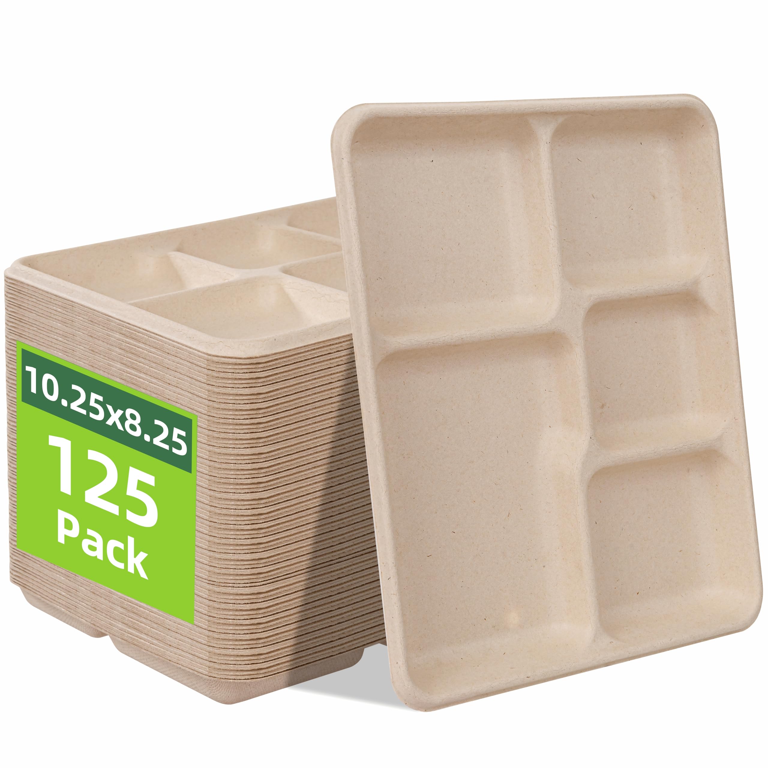 Photo 1 of WELLIFE 100% Compostable 5 Compartment Paper Plates, 125 Pack Small Heavy Duty Disposable School Lunch Trays, 10.25 * 8.25 Inch Eco-Friendly Bagasse Plates for Boys, Girls and Youth (BPA Free)
