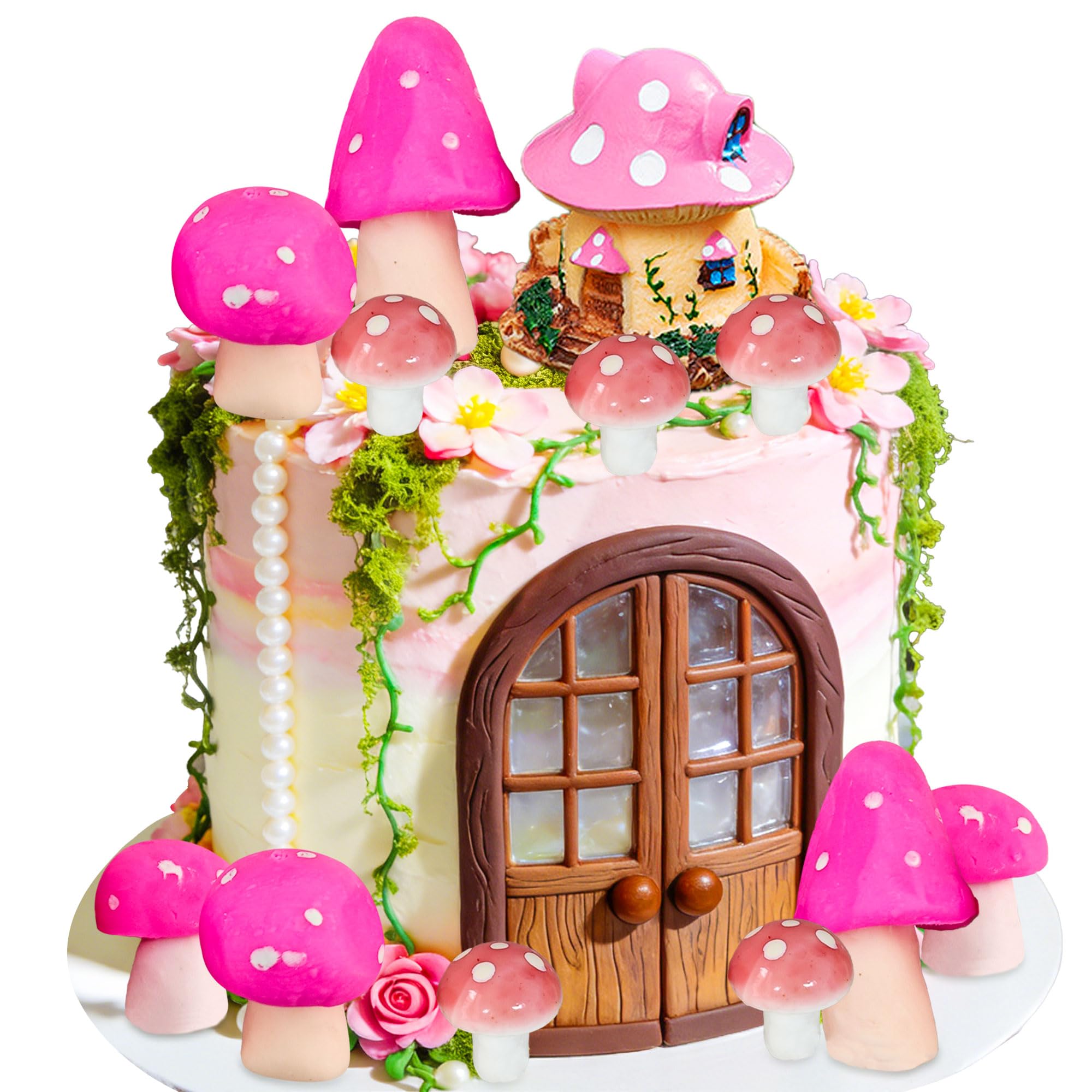 Pink Mushroom House Cake Decoration Cottage Woodland Decoration Fairy Garden Party Supplies Forest Party Favors Supplies