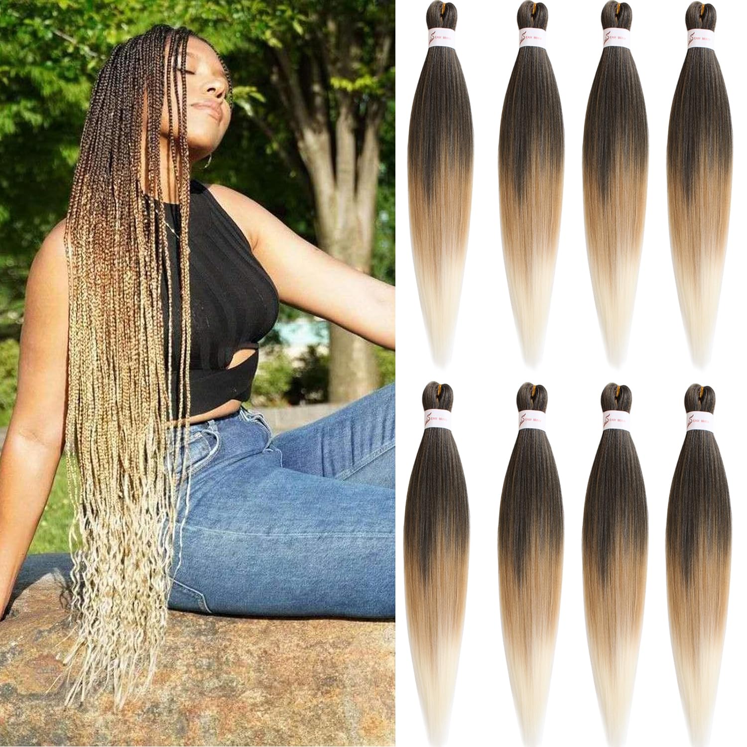 Mscat 36 Inch 8 Packs Pre Stretched Braiding Hair Three Tones Pre Stretched Braiding Professional Synthetic Prestretched Crochet Braids Hair Extension Hot Water Setting Yaki Texture (1B27613#) — image 1