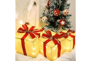 RIZZARI Christmas Box Decorations, Set of 3 Christmas Lighted Gift Boxes with Red Bows for Christmas Tree, Indoor Outdoor Holiday Decors