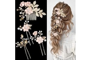 LAPOHI 4 PCS Bridal Flower Wedding Hair Pins Crystal Pearl Hair Clips Flower Headpiece Gold Wedding Hair Accessories Jewelry with Rhinestone for Brides Bridesmaids Women Girls Updo