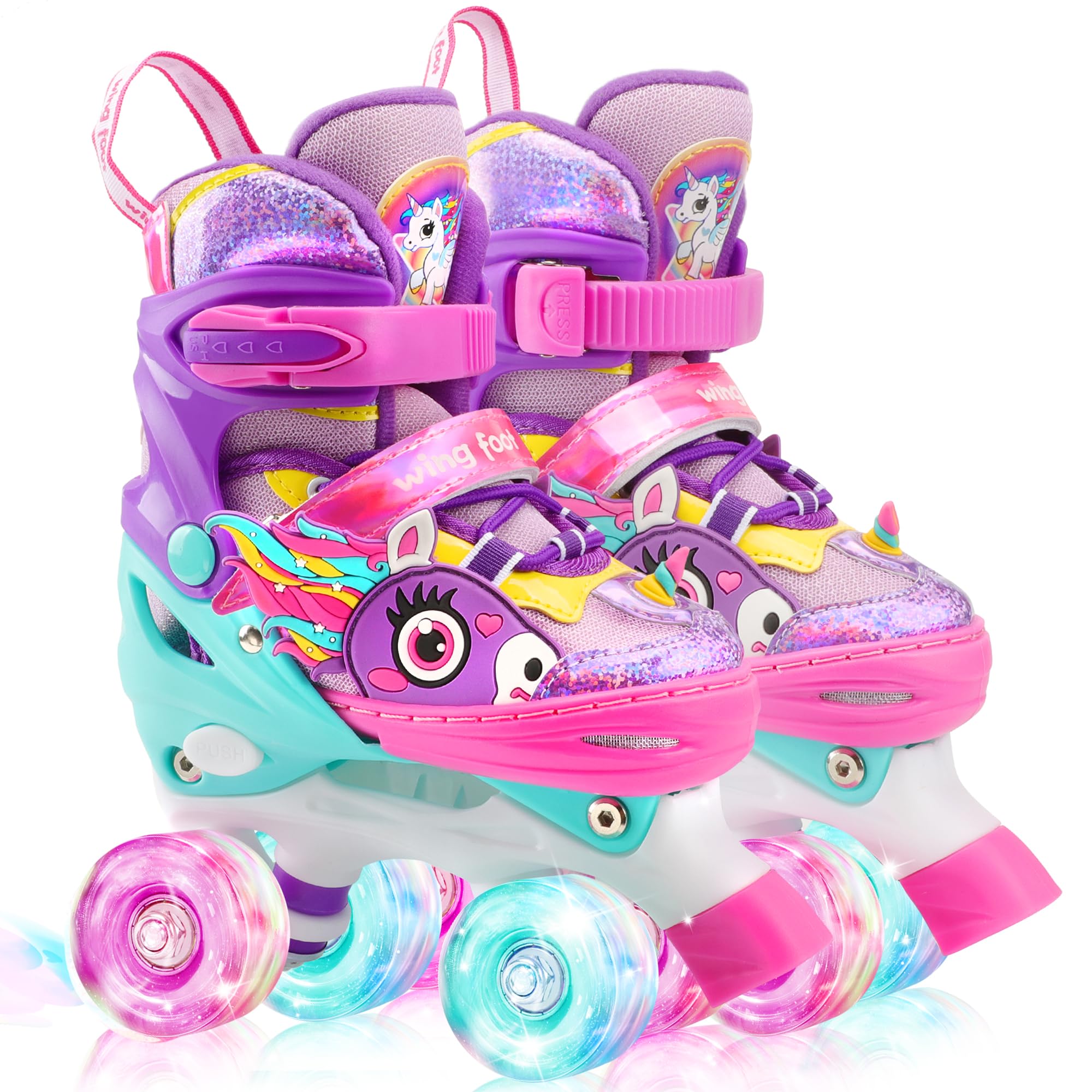 Unicorn Kids Toddler Roller Skates for Girls,WESKIFAN Quad Skating Shoes with Shiny Light up Wheels&Adjustable Sizes Beginners rollerskates for Xmas Birthday Gifts (Purple, M(1~4)) Image