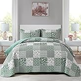 Mybedsoul Sage Green Boho King Quilt Set, 3-Piece Reversible Soft Plaid Floral Bedding Set with 2 Pillow Shams - Sage Green King Size Quilt Bedspread Coverlet Set 90"x104"