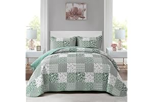 Mybedsoul Sage Green Boho King Quilt Set, 3-Piece Reversible Soft Plaid Floral Bedding Set with 2 Pillow Shams - Sage Green King Size Quilt Bedspread Coverlet Set 90"x104"