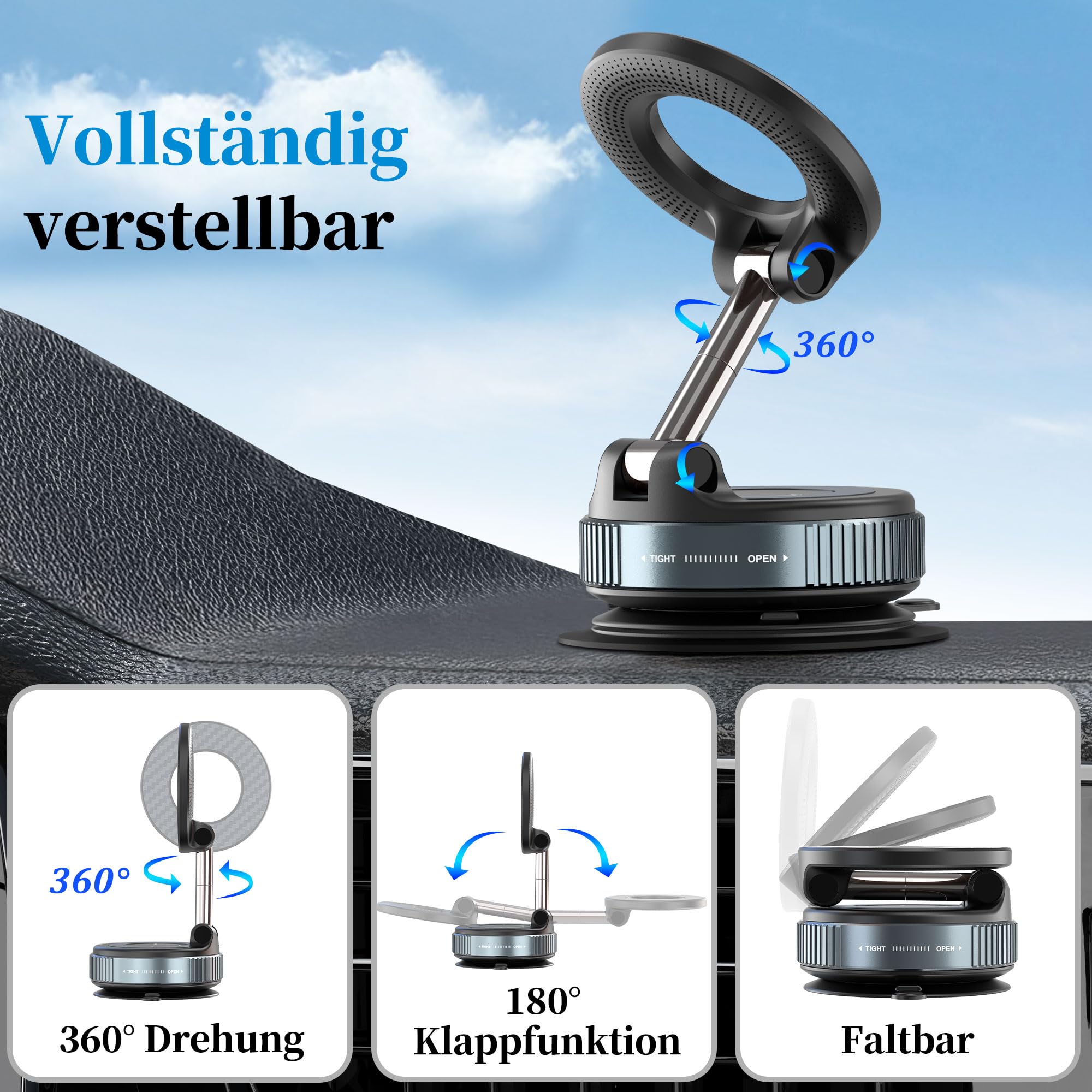 PlusAcc Vakuum Handyhalterung Auto für Magsafe - 360° Drehbar Zusammenklappbar Tragbar Magnetisch Handy Halter für 17/16/15/14/13/12 an Windschutzscheibe/Armaturenbrett/Spiegel befestigt 4