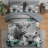 Pamnest Comforter Set Queen Size, Highland Cow Bull Animal 7 Pcs Bedding for Kids and Adults, Flower Daisy Farm Bed Sheet Sets with Fitted Sheet 2 Pillowcases & 2 Shams for Bedroom Bed Decor