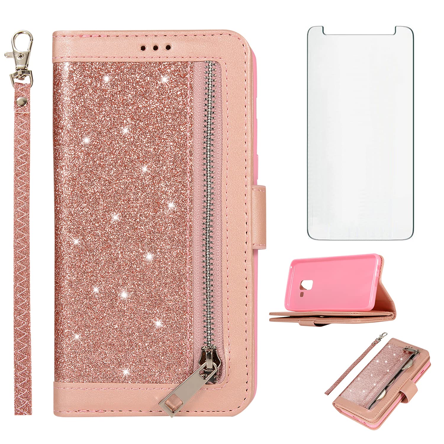 Asuwish Compatible with Samsung Galaxy A8 2018 Wallet Case and Tempered Glass Screen Protector Glitter Flip Cover Zipper Card Holder Cell Phone Cases for Glaxay 8A 2018 A530W SM-A530W Women Rose Gold