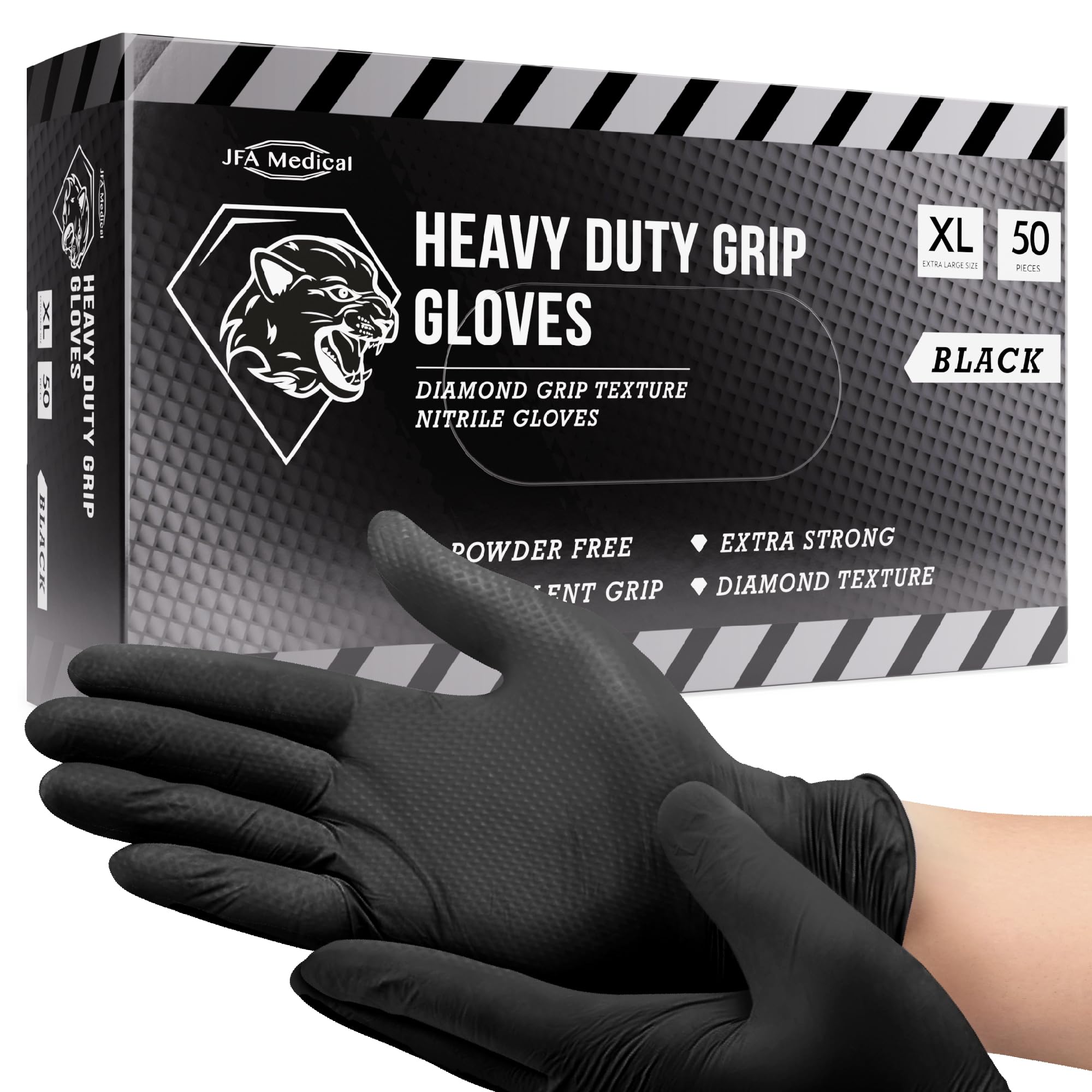 JFA Medical Disposable Heavy Duty Mechanic Powder Free Latex Free Black Diamond Grip Nitrile Gloves - Box of 50 (Extra Large)