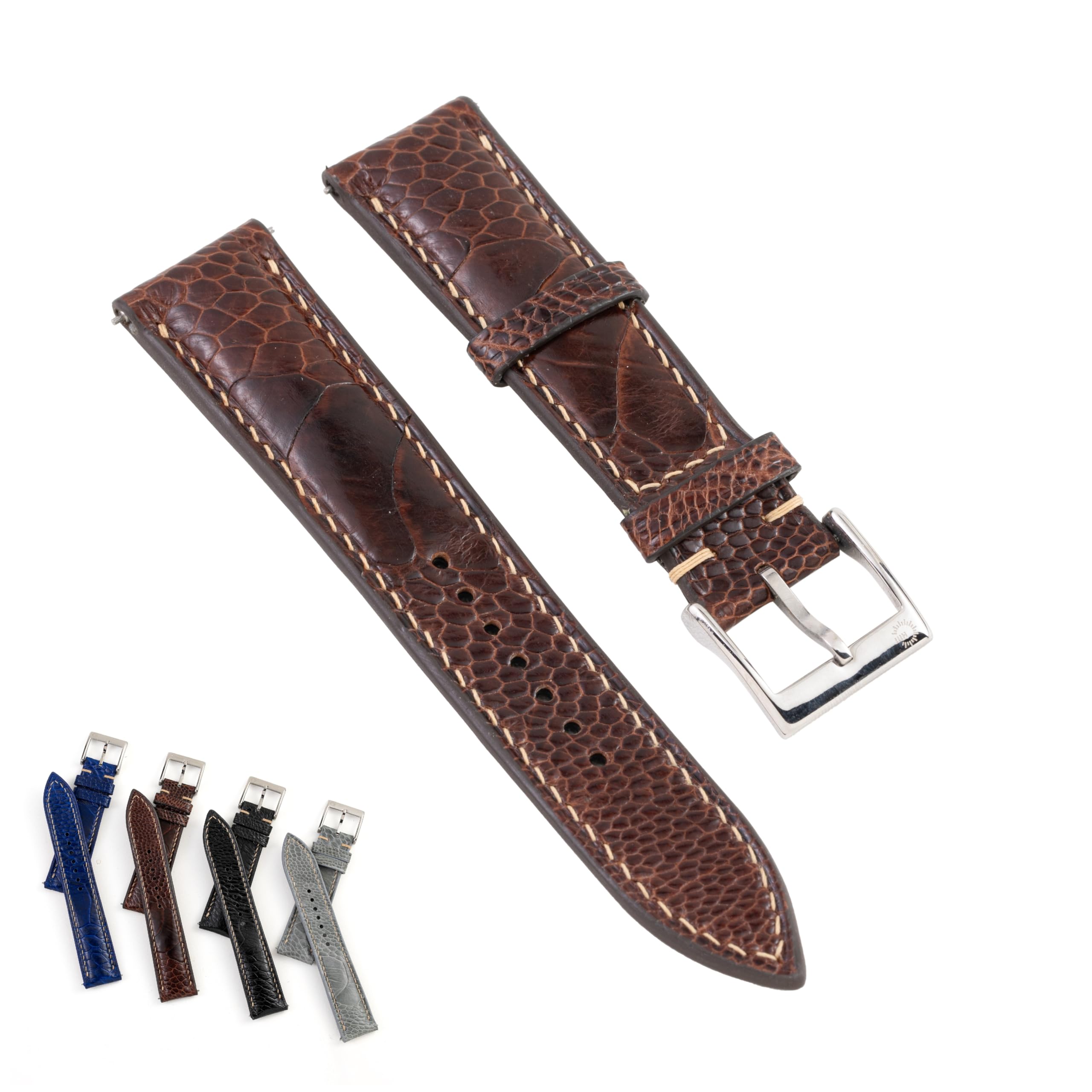 Photo 1 of Handmade Ostrich Leg Skin Leather Watch Band Strap - Quick Release - Luxury Replacement Watchband for Men Women (Black, Navy, Brown, Grey) - Sizes 18mm, 19mm, 20mm, 21mm, 22mm (16mm, 18mm Taper) | CHIIIVN (Brown, 21-18 (mm))