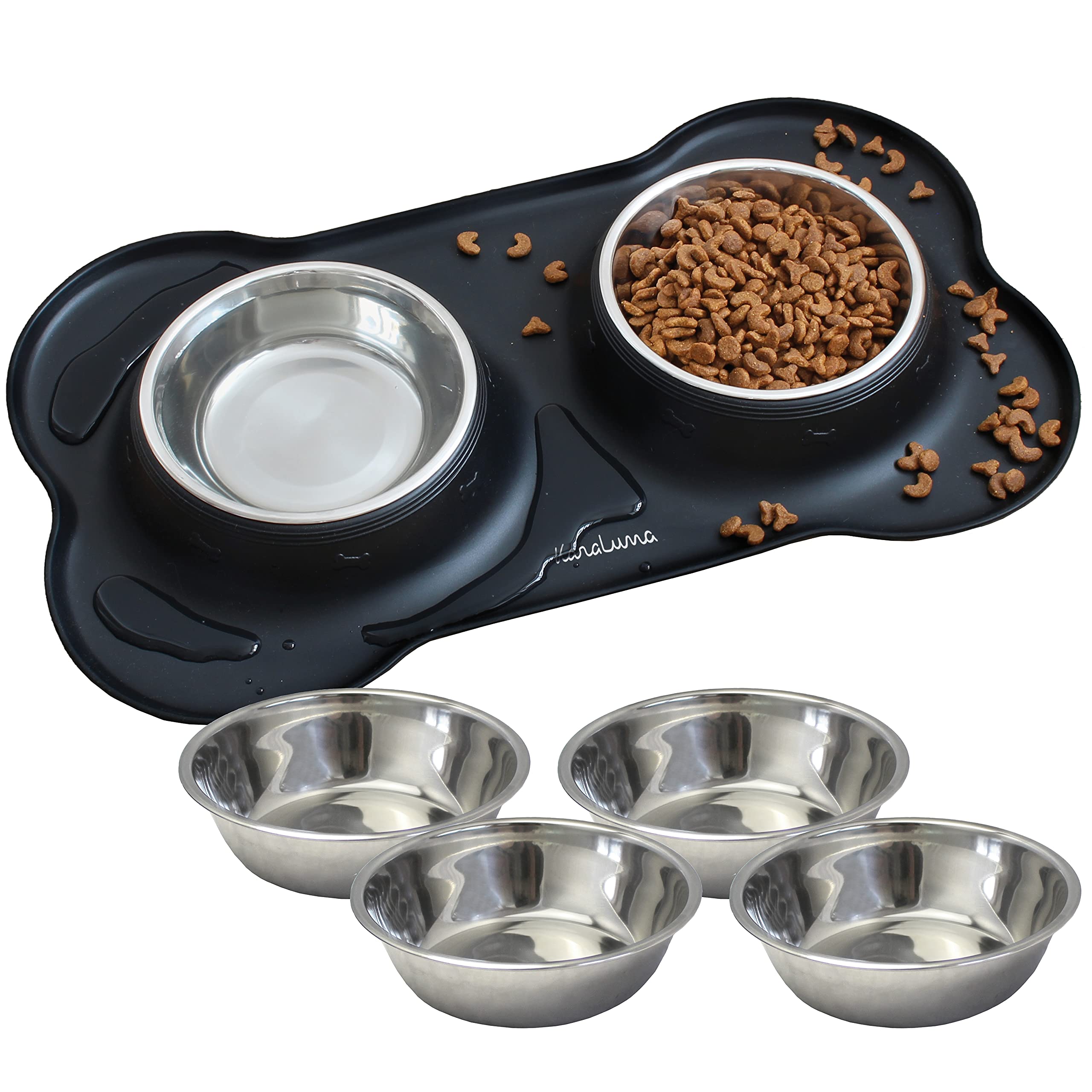 KaraLuna Silicone Bowl Mat with Stainless Steel Feeding Bowl I for Cats and Dogs I Feeding Bowl Cat Bowl Dog Bowl Cat Feeding Bowl Station Bowl Mat (400 ml, Black)