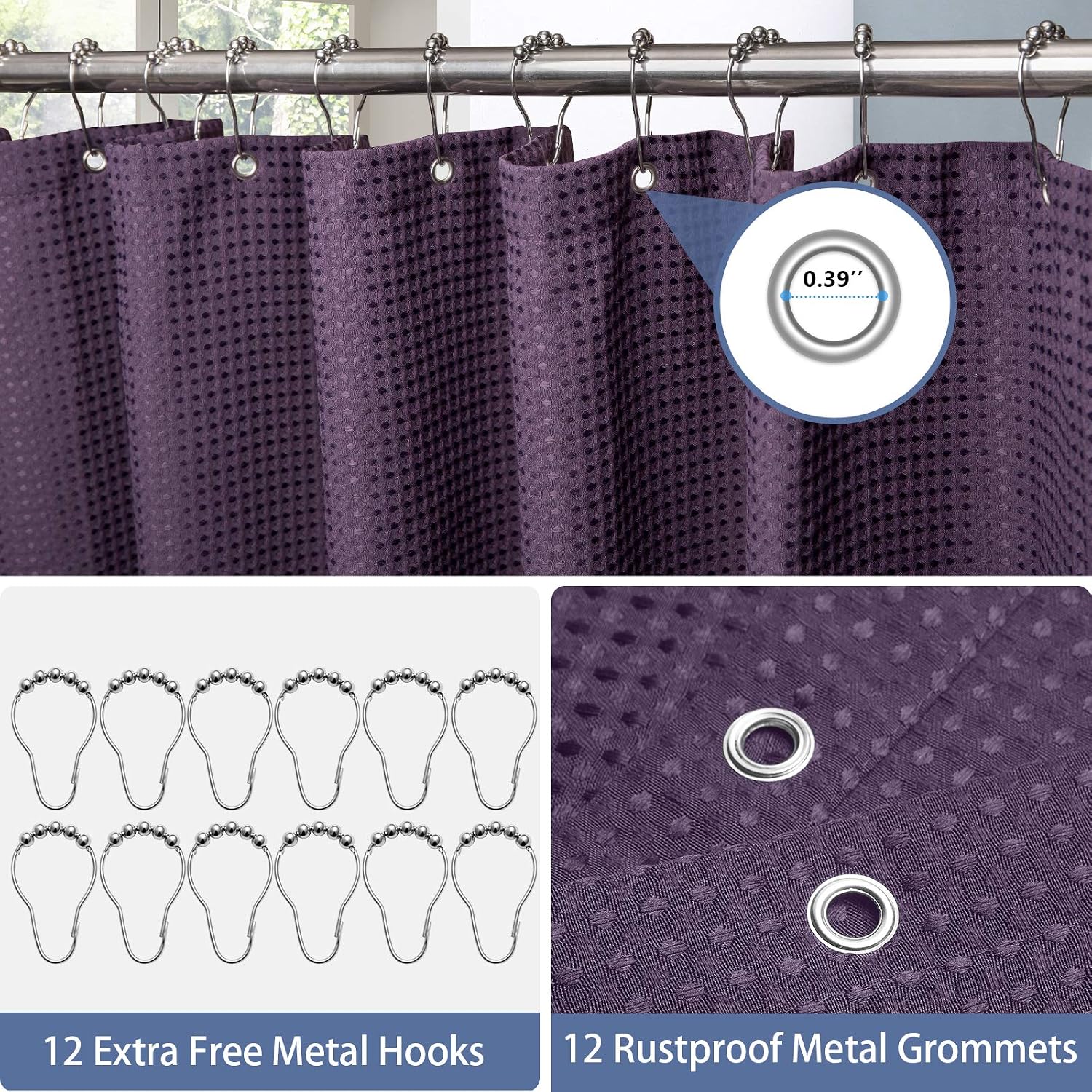 VANZAVANZU Shower Curtain for Bathroom with Metal Hooks Waffle Fabric Shower Curtain Heavy Duty Bath Curtain for Wet Room Bathtub Shower Stall Weighted Hem - Image 5