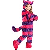 Toddler Curious Cheshire Cat Costume, Mischievous Wonderland Cat Hooded Jumpsuit With Attached Tail, Shoe Covers, And Gloves