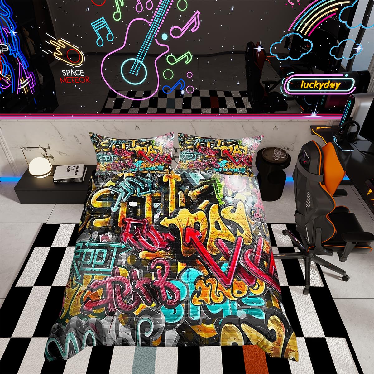 Hippie Graffiti Bedding Set Boys Teens Hip Hop Street Culture Bedding &Linen Kids Youth Wall Art Duvet Cover Graffiti Pattern Comforter Cover Set,Room Decor 2 Pcs Single Bedding — image 1