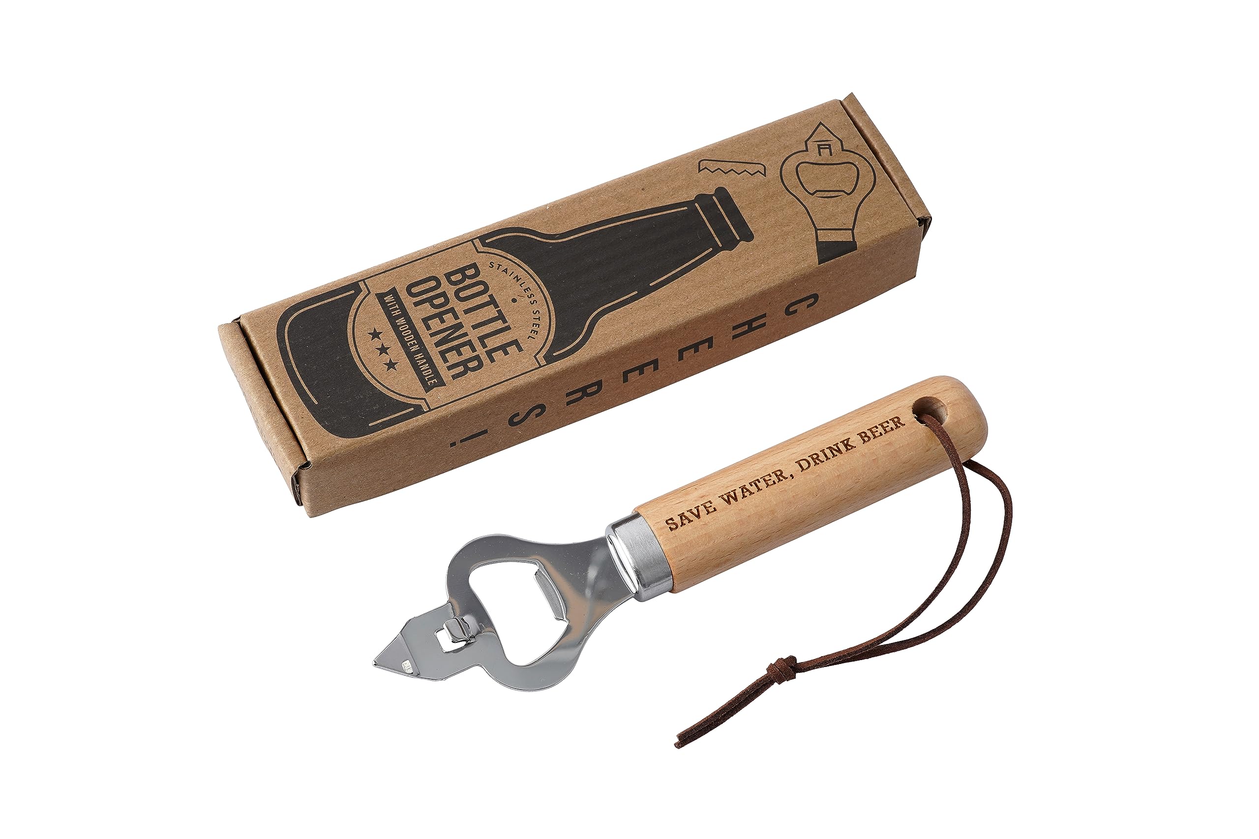 CGB Giftware | Wooden Handle Bottle Opener with 'Save Water, Drink Beer' Slogan Engraved | Double Function As Can Opener | Leather Handle End | Comes Gift Boxed | GB07650