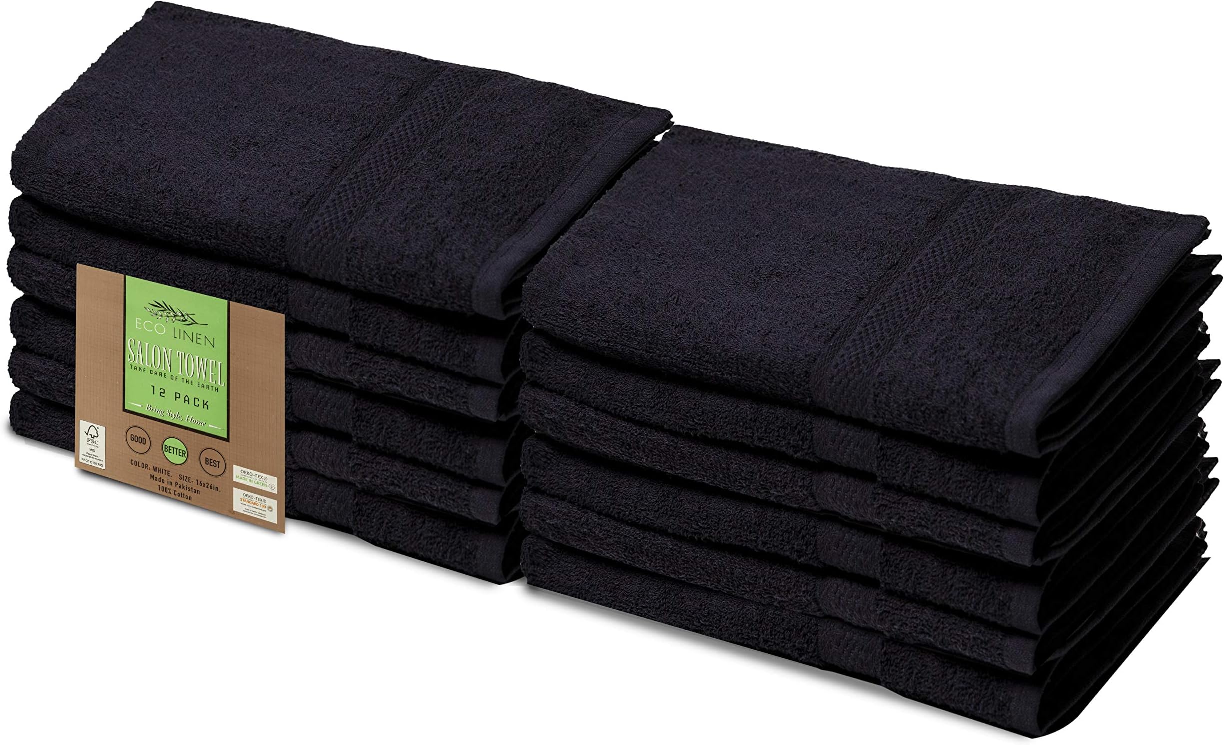 Eco Linen Cotton Salon Towels - Gym Towel Hand Towel - (12-Pack, Black) - 16 x 26 inches - Organic Combed Cotton, Maximum Softness and Absorbency, Easy Care