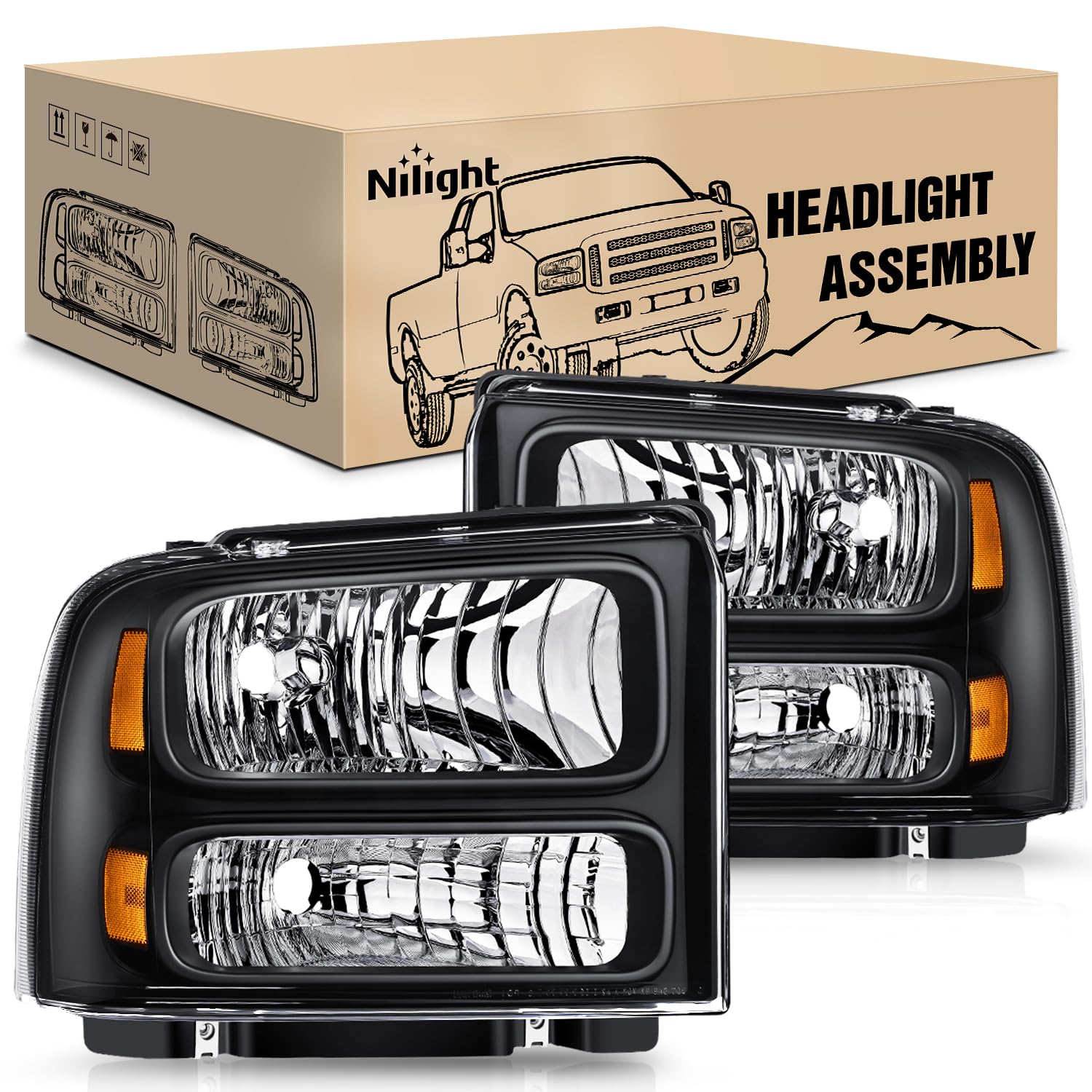 Photo 1 of (PARTIAL NON-MATCHING SET) Nilight Headlight Assembly 2005 2006 2007 F250 F350 F450 F550 Super Duty Black Housing Amber Corner Clear Lens 4 Pack Headlights Assembly Replacement