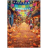 Monalivest 5x7ft Day of The Dead Backdrop Mexico Holiday Banner | Día de Los Muertos Mexican Fiesta Photography Background, Sugar Skull Flowers Brick Road Party Decor, Photo Props, Polyester